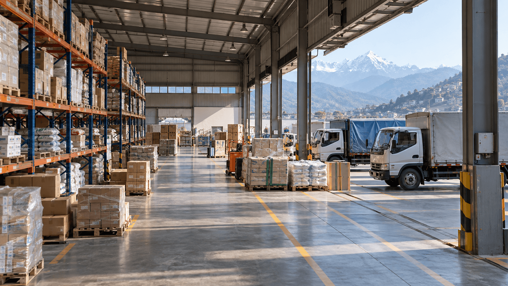 Regional cargo warehouse with organized stock racks, cross-dock lanes and delivery vehicles at loading bays
