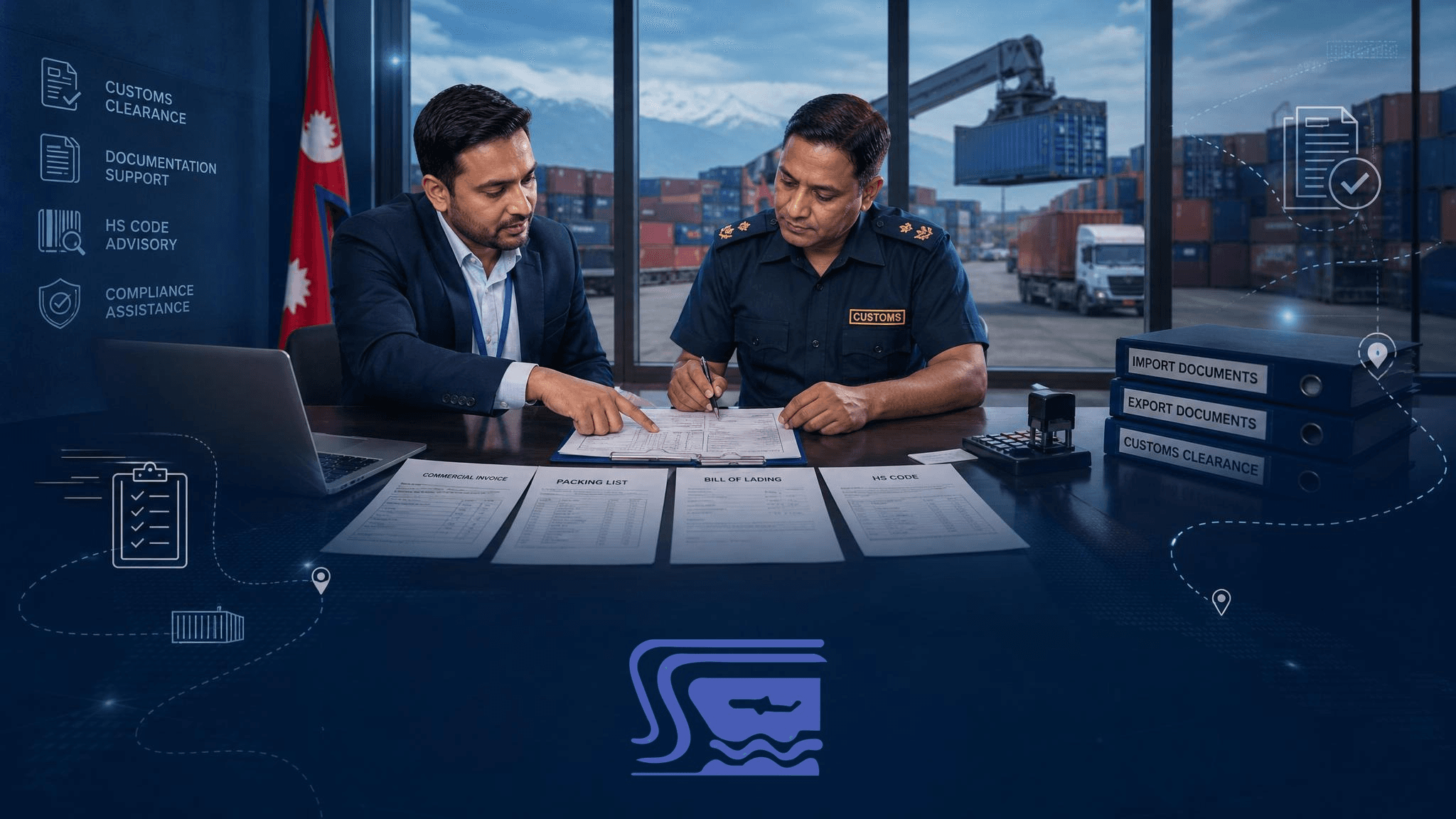 A customs and container office scene representing the documentation and clearance side of Sea Sky’s freight support.