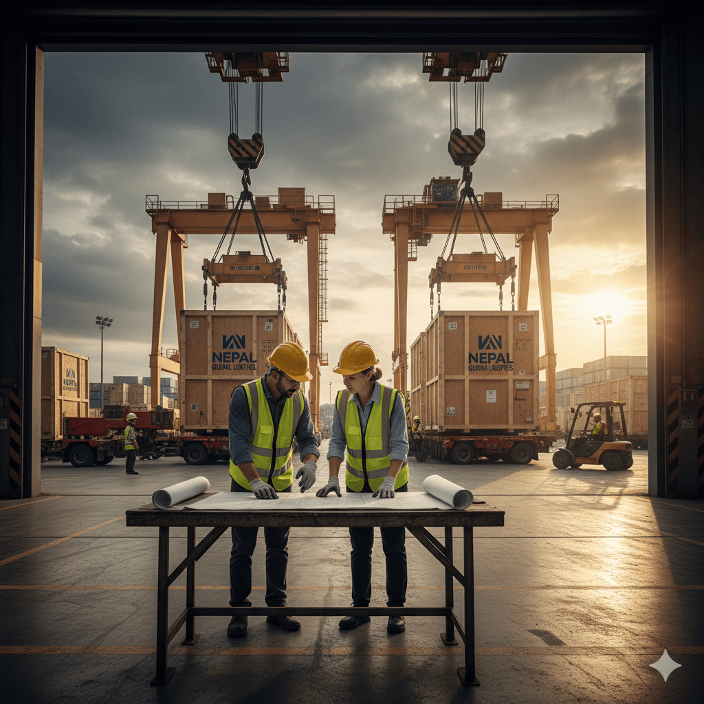 Logistics experts overseeing project cargo movement and heavy equipment loading.