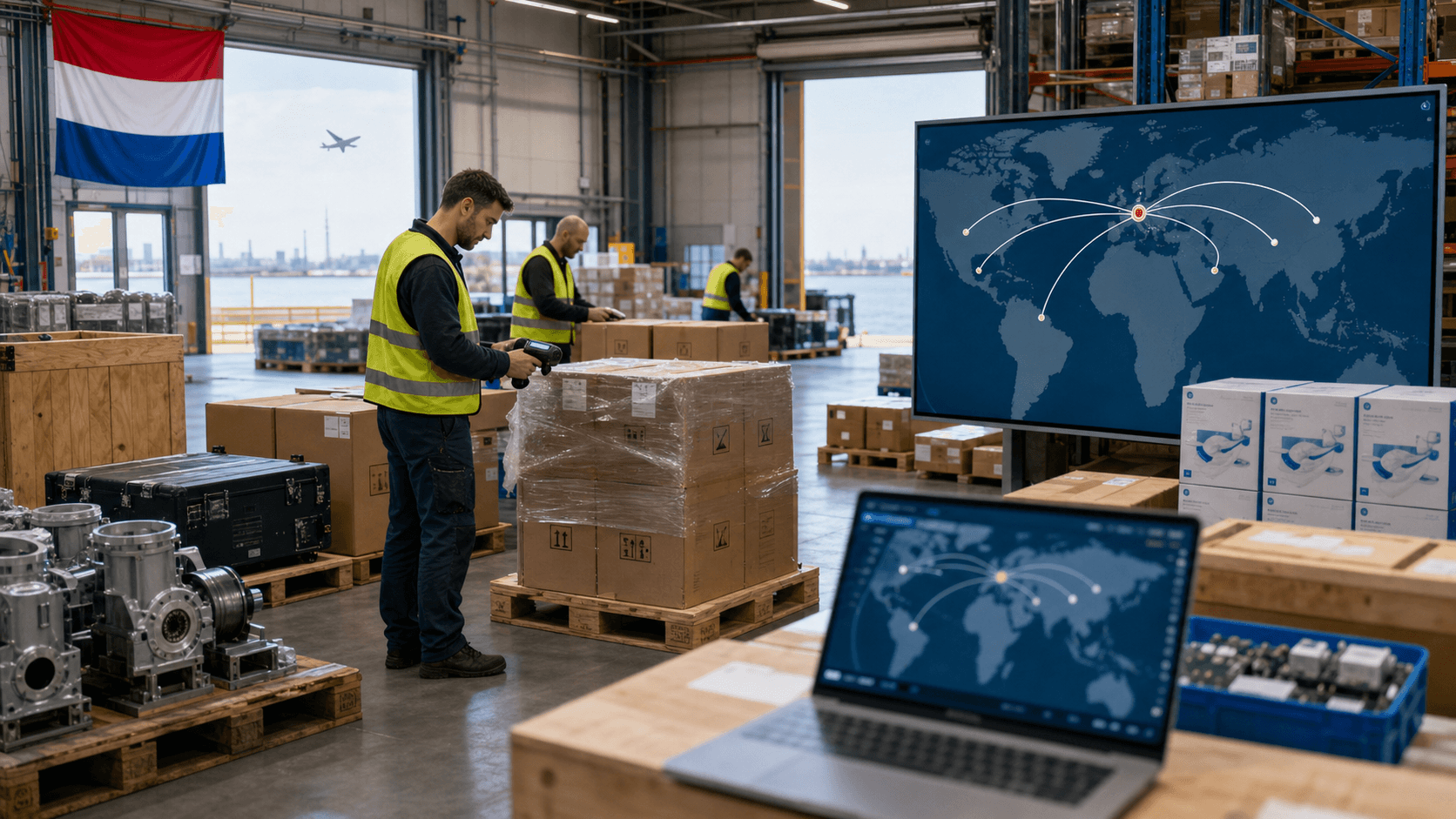 Netherlands warehouse preparing machinery electronics medical goods and cartons for export cargo