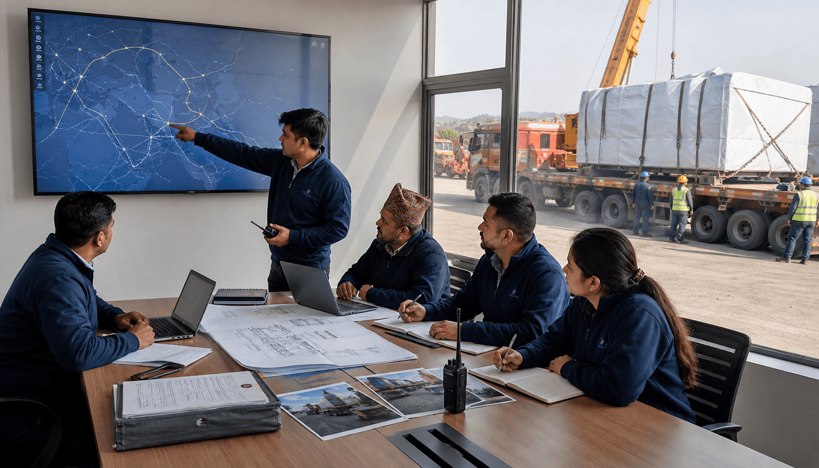 Sea Sky Cargo team coordinating high bed trailer route customs and delivery planning