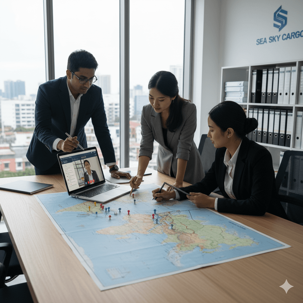 Logistics team designing an end‑to‑end cross‑border shipping plan for a customer.