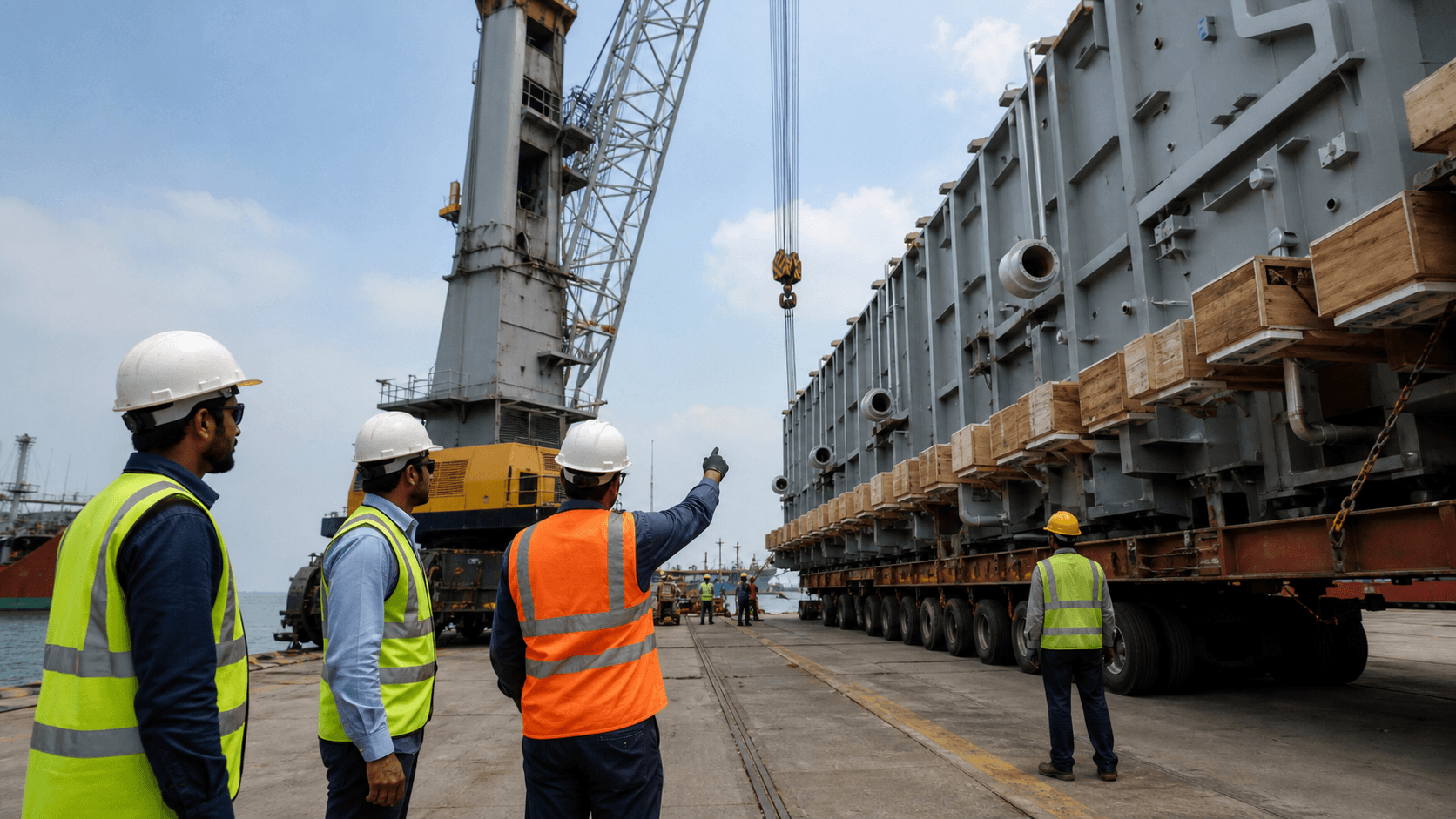 Port operations team checking crane capacity and quay access for breakbulk cargo in India