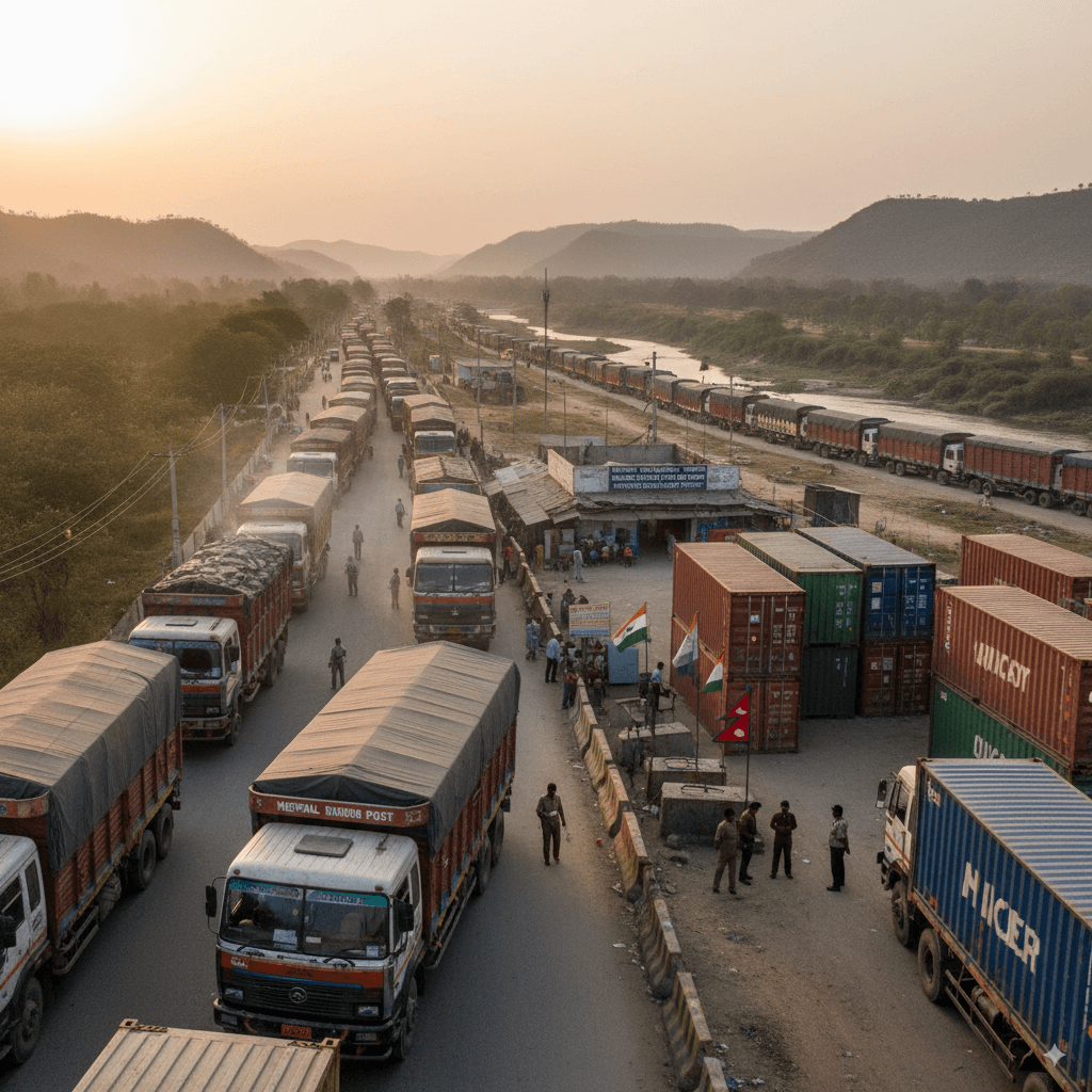 Freight forwarders coordinating multimodal shipments at a Nepalese border crossing.