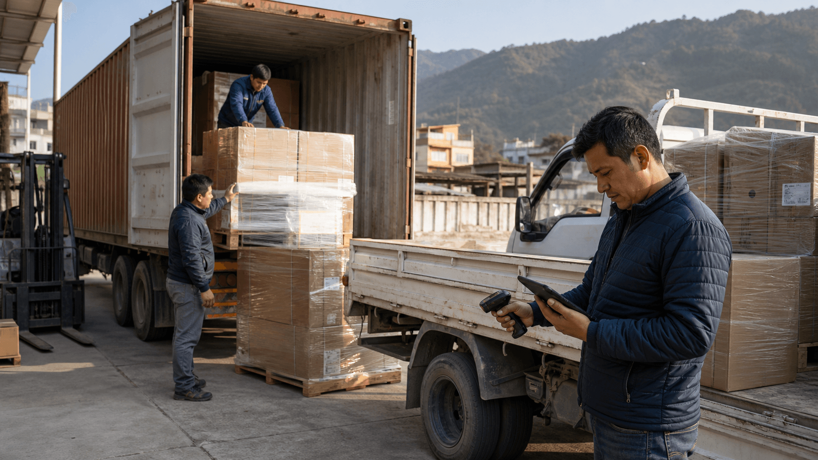 Dubai-origin commercial pallets transferring from a container to a Nepal delivery vehicle