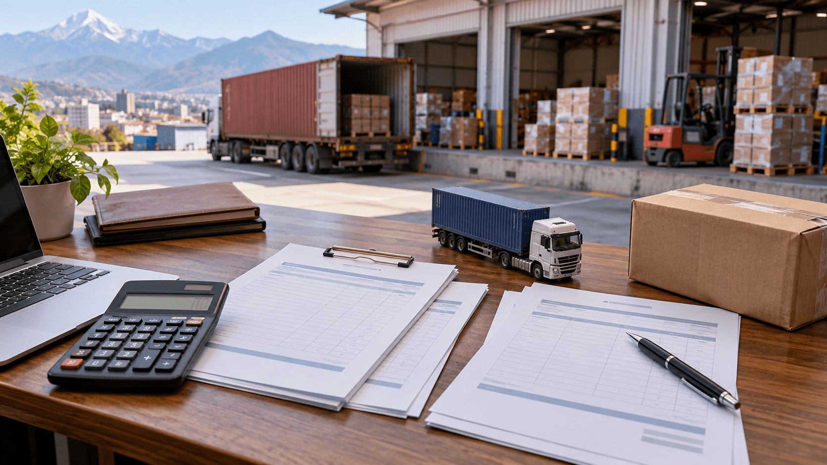 Calculator and organized quotation subtotals on a logistics desk overlooking a cargo warehouse