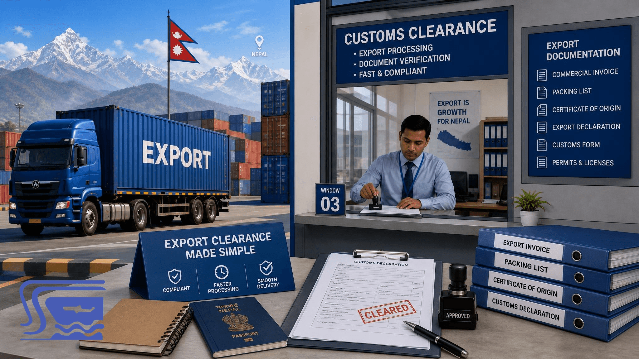 A customs clearance environment with containers and office signage representing the export workflow in Nepal.