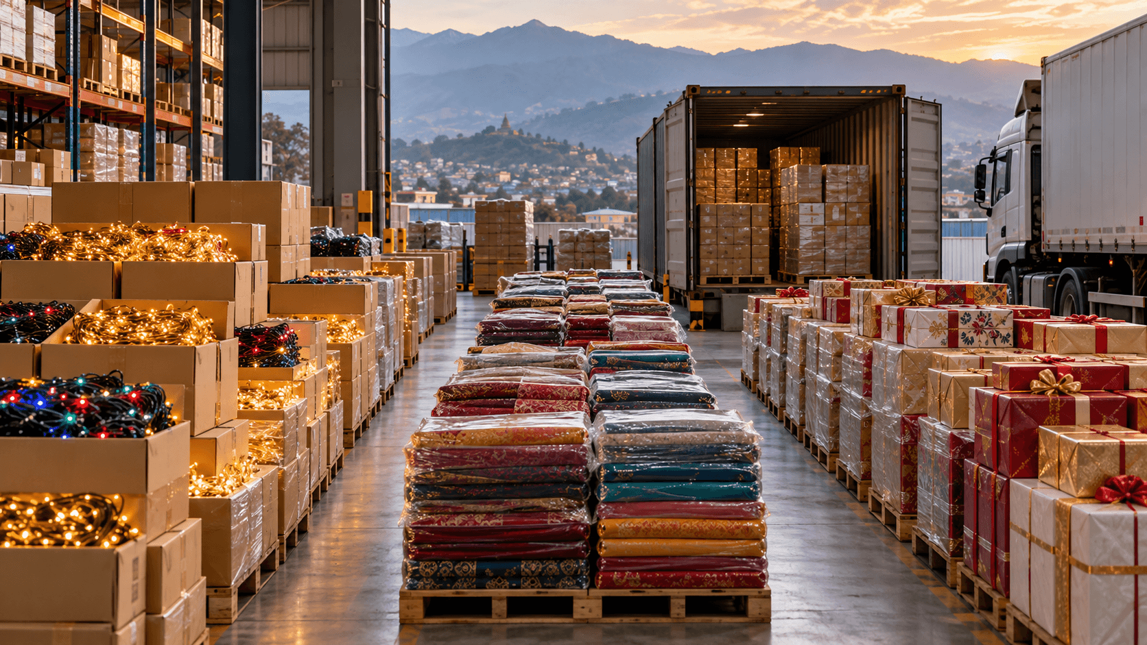 Separated lanes of packed decorations, textiles and gift items at a cargo consolidation warehouse