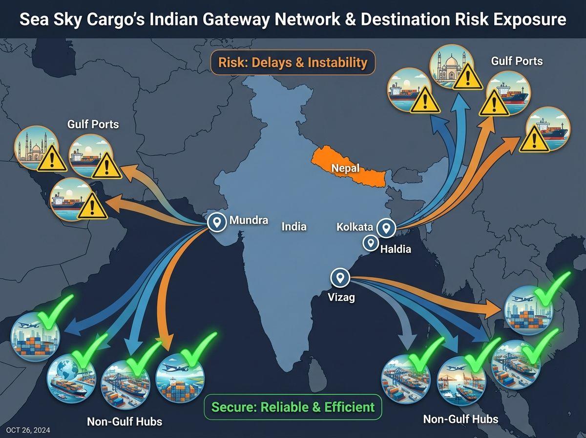 Sea Sky Cargo’s Indian gateway network and exposure to Gulf and non‑Gulf destinations.