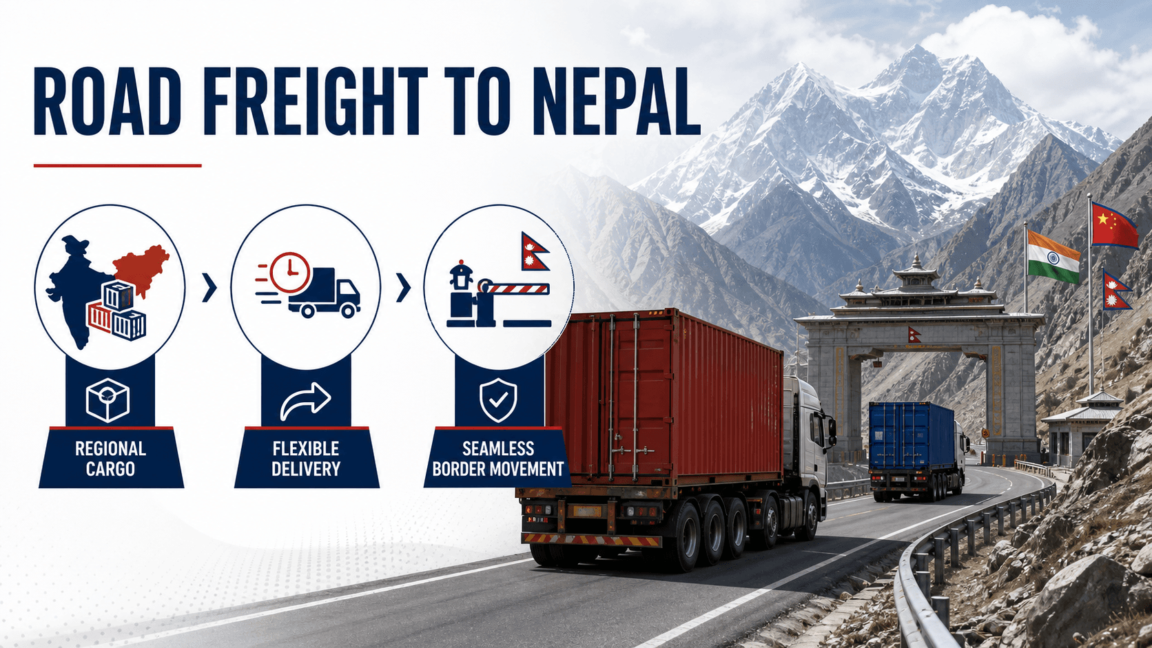 Cargo trucks moving through a mountain road toward a Nepal customs checkpoint