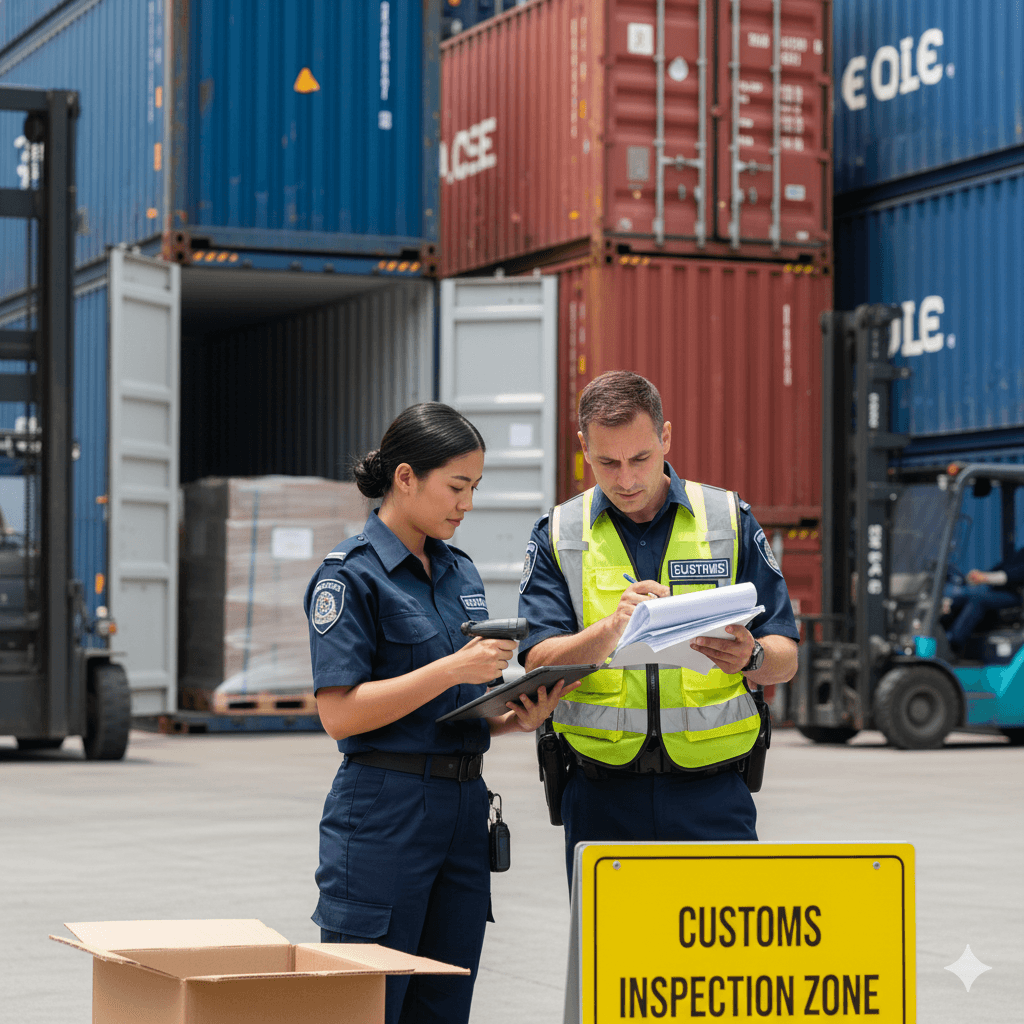 Officer processing shipment customs clearance on an online valuation and ASYCUDA system.