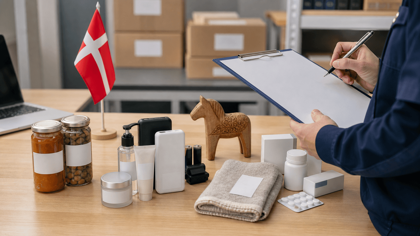 Product compliance review for food cosmetics electronics textiles and wooden goods before Denmark shipment