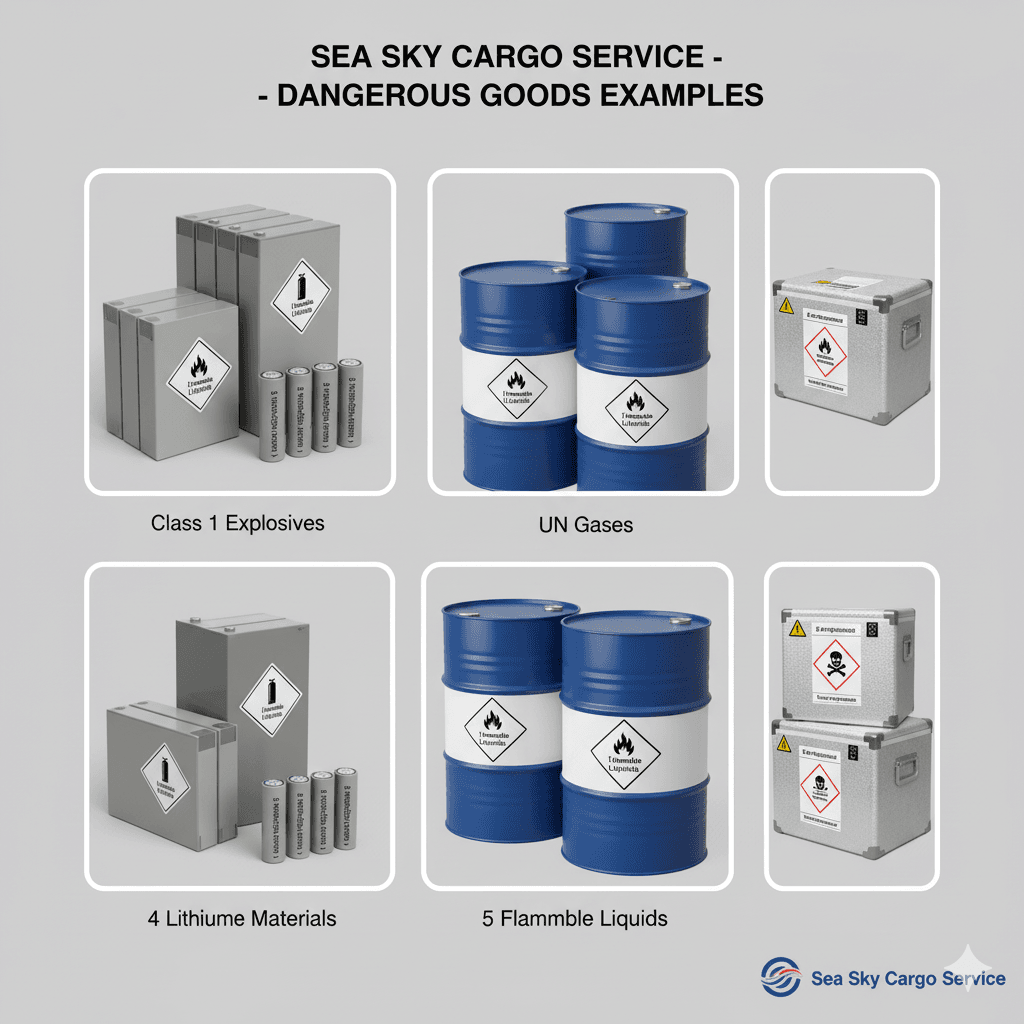 Examples of dangerous goods handled by Sea Sky: batteries, chemicals, flammables.