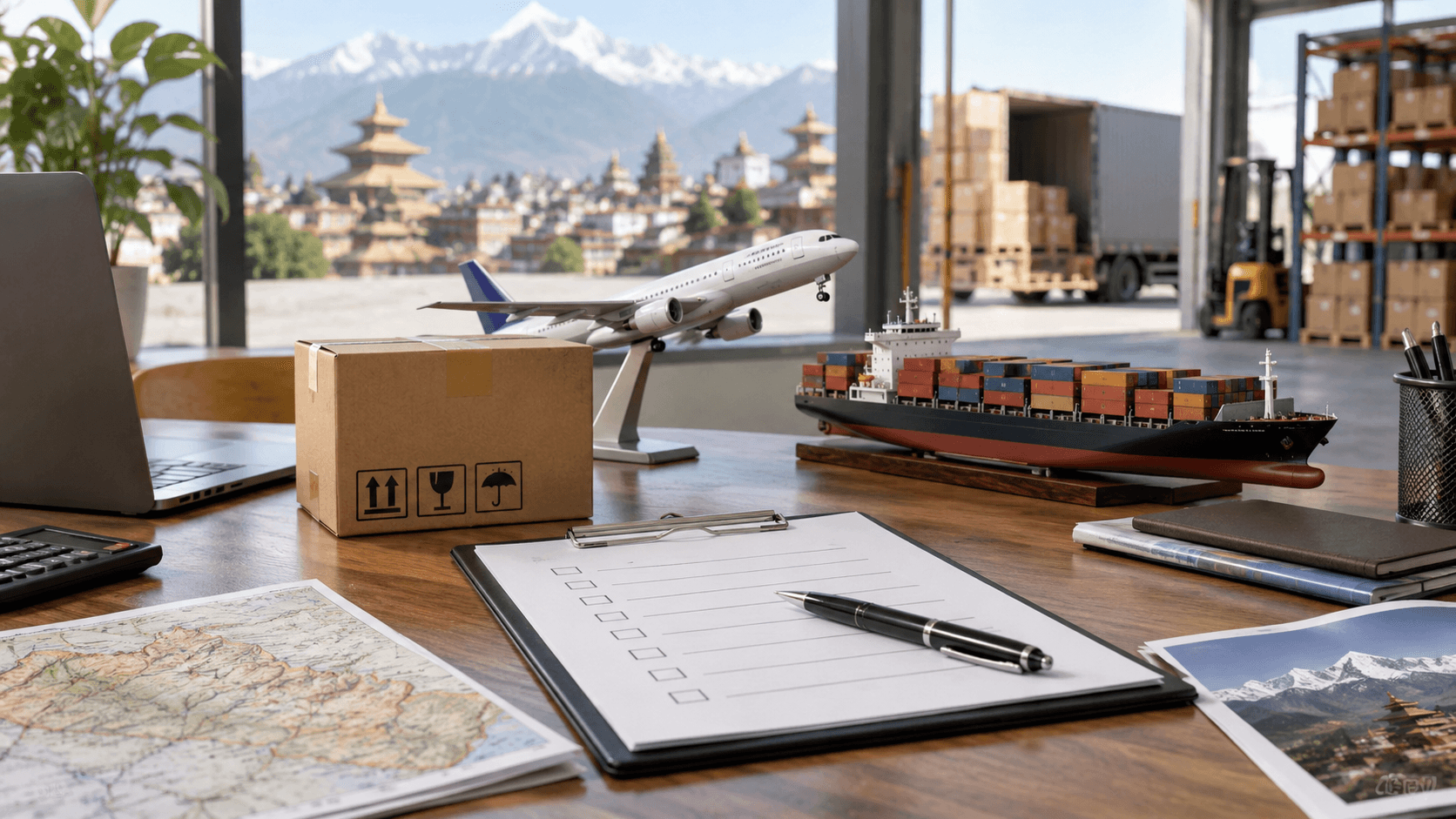 Business shipping checklist, parcel and freight models on a warehouse office desk