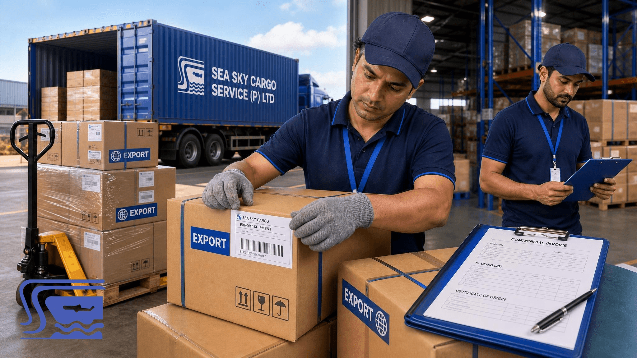 Boxes being prepared and labeled for export pickup and documentation review.