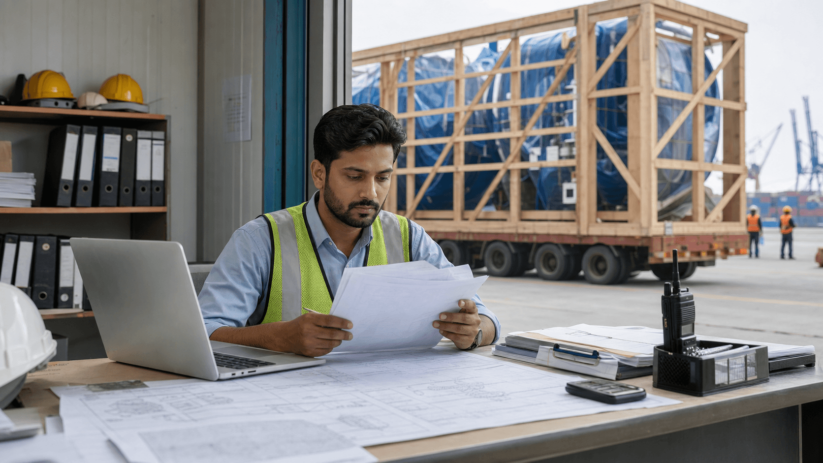 Freight specialist reviewing breakbulk dimensions, packing details and customs documents before booking