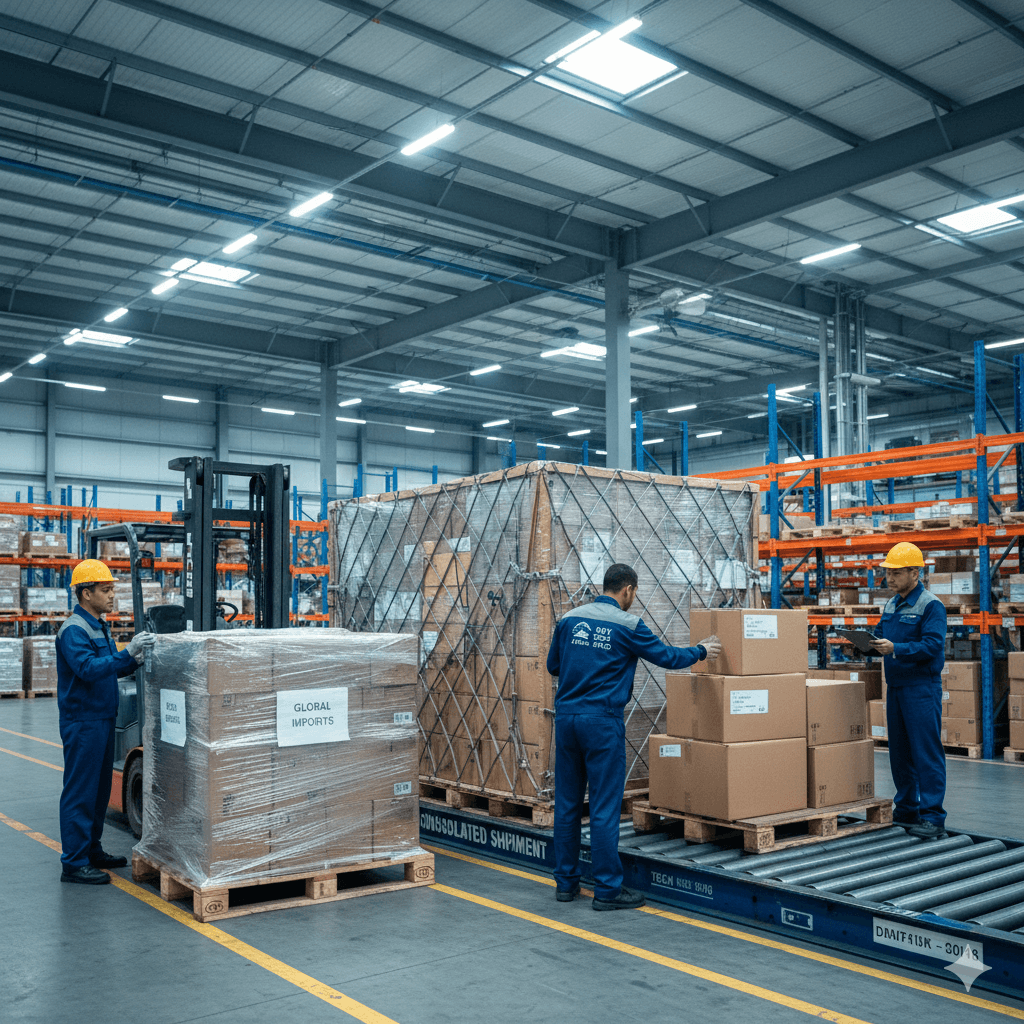 Cargo from multiple shippers consolidated onto one air pallet to reduce cost.