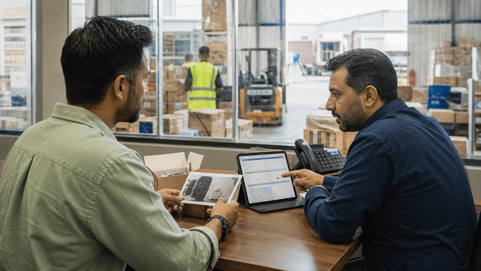 Small-business shipper discussing cargo weight route and documents with a freight coordinator