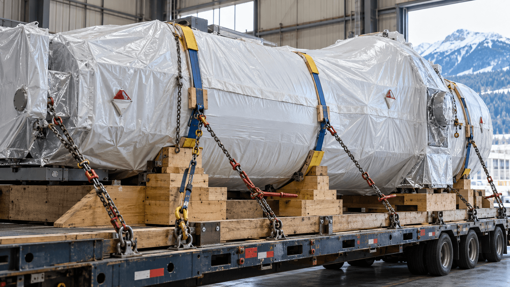 Weather protection and engineered lashing for oversized machinery transport