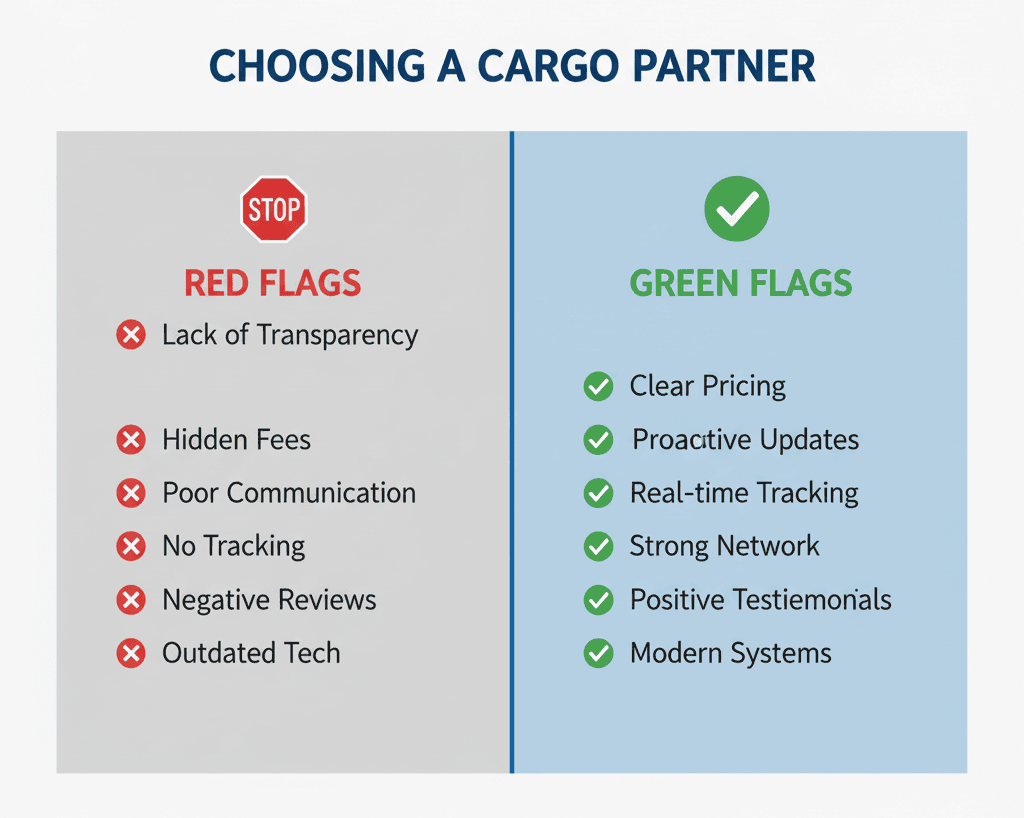 Side-by-side checklist of warning signs and positive qualities when choosing a cargo service company.