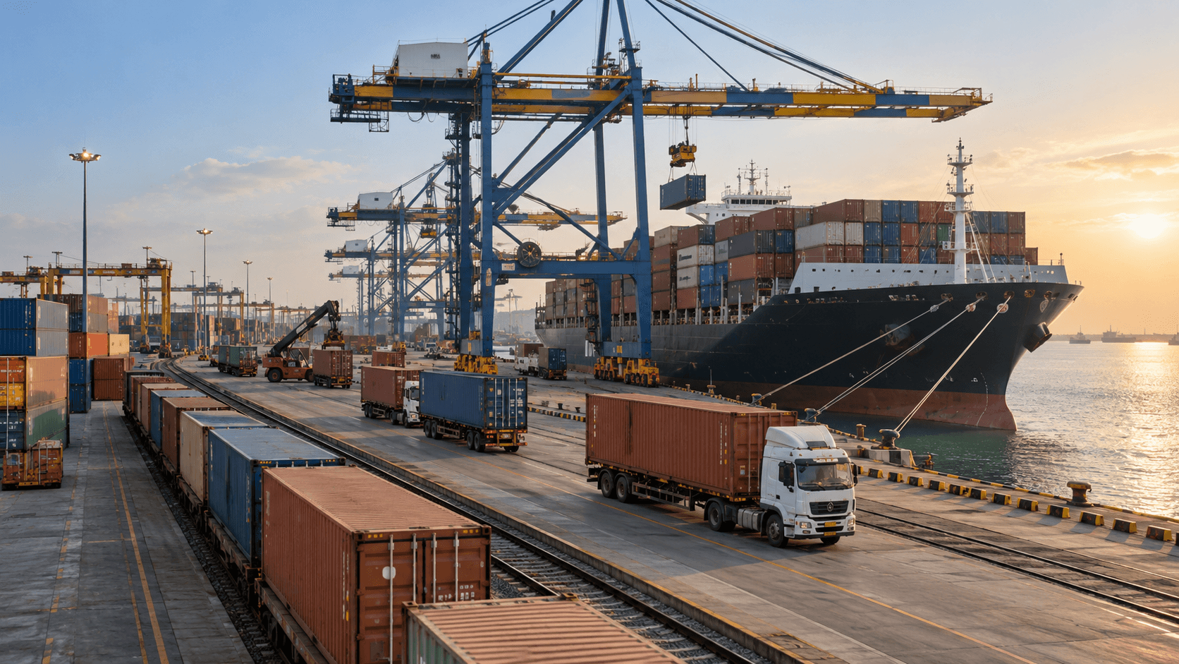 Container ship at an Indian gateway port with rail and truck transfer facilities