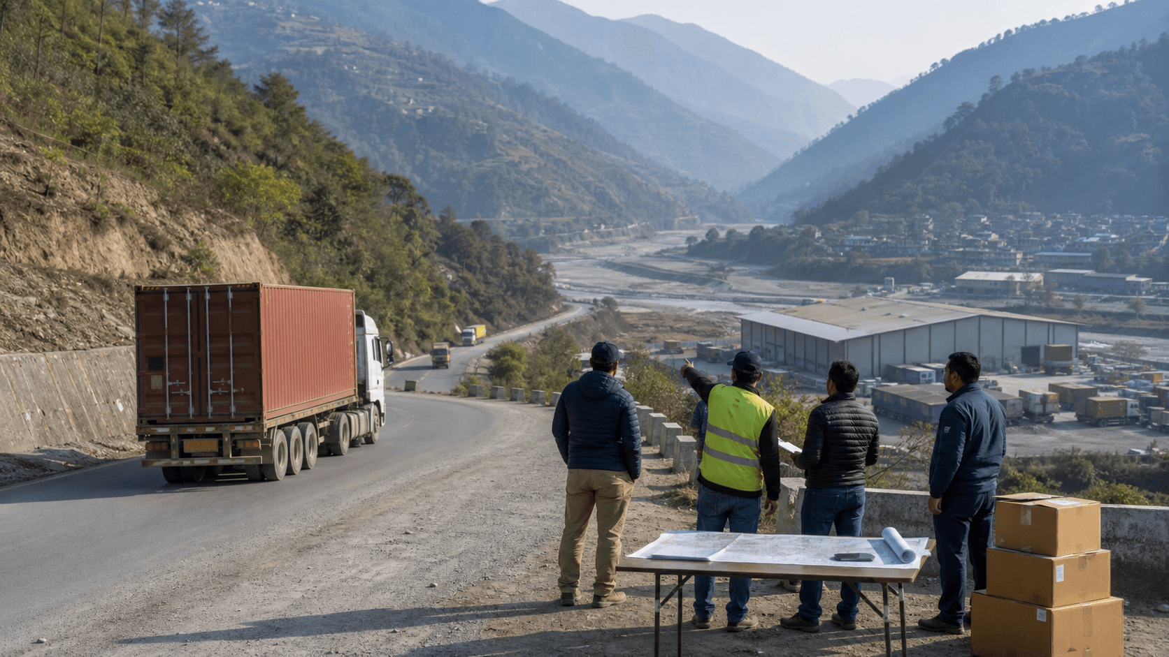 Container truck and logistics team planning a Nepal mountain corridor delivery