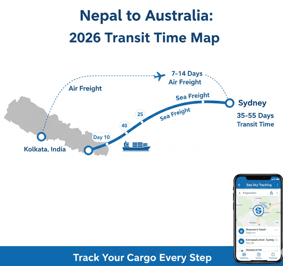 Transit time map for sea and air shipping from Nepal to Australia 2026.