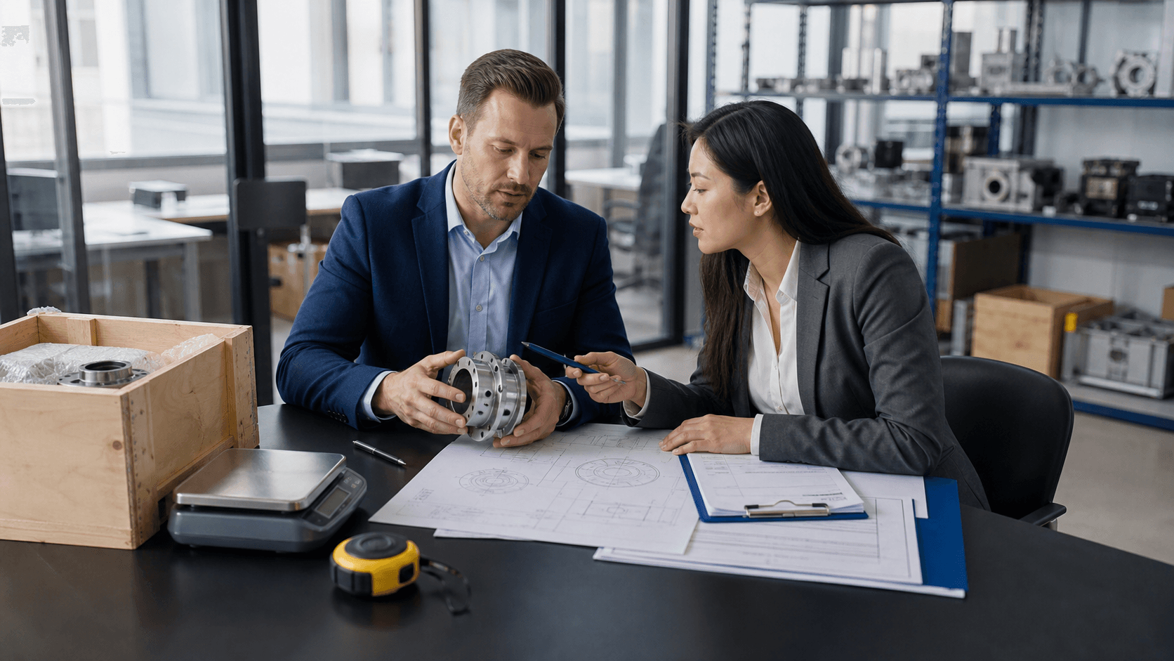 Business purchasing manager checking a US supplier quotation product specification and Incoterm