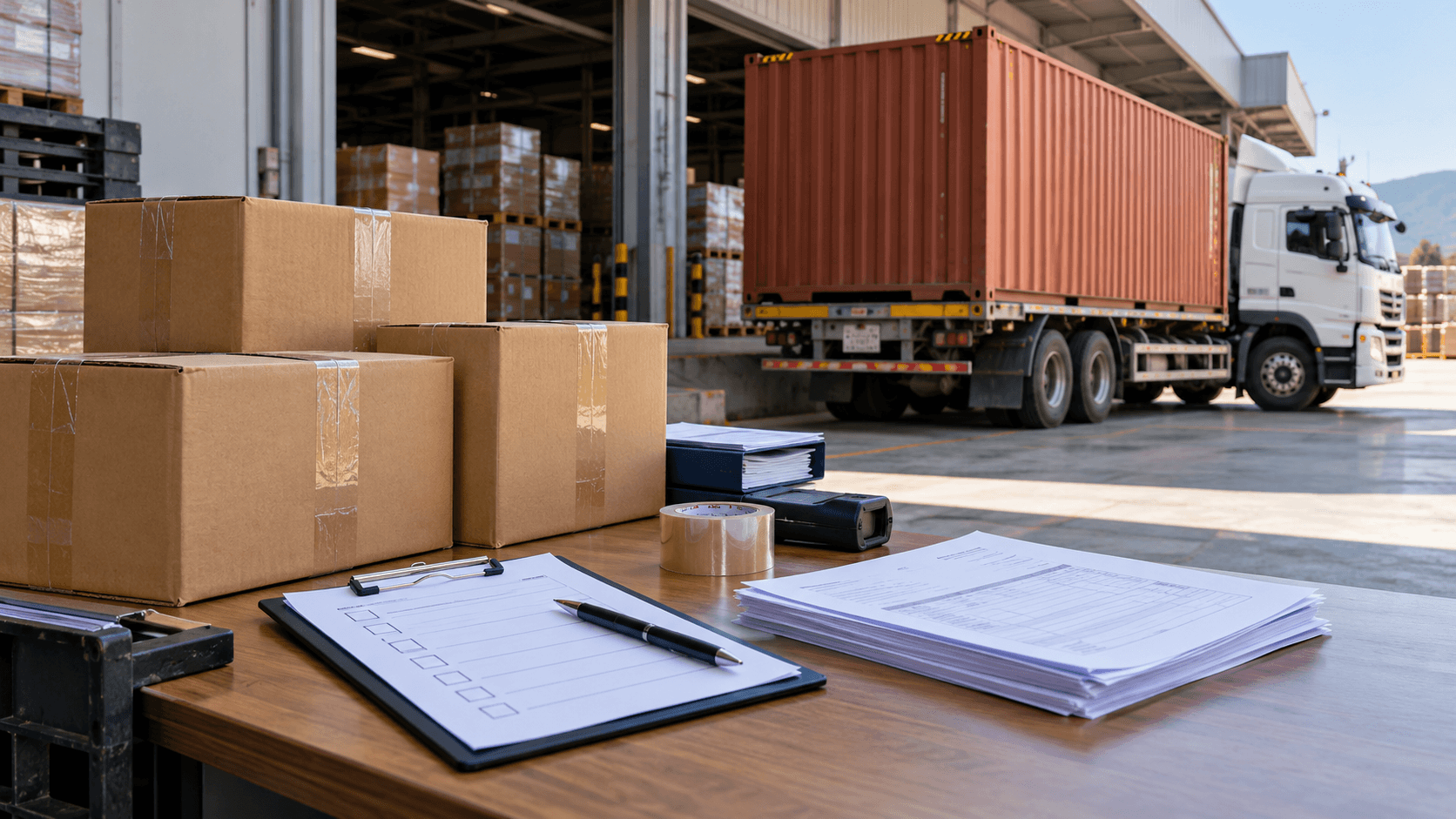 Blank transit-readiness checklist beside packed cargo and shipping documents