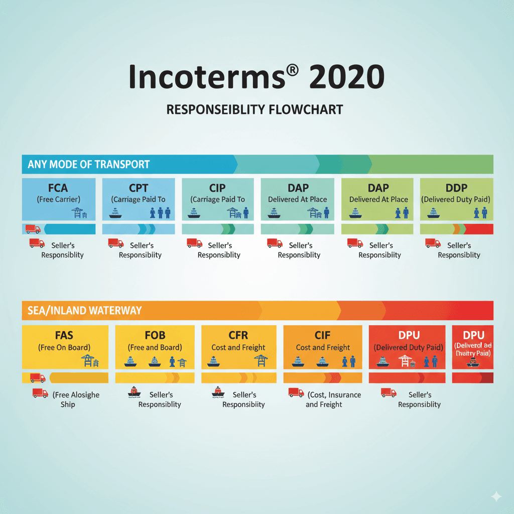 Incoterms infographic showing responsibility split between exporter and importer across different shipping stages.