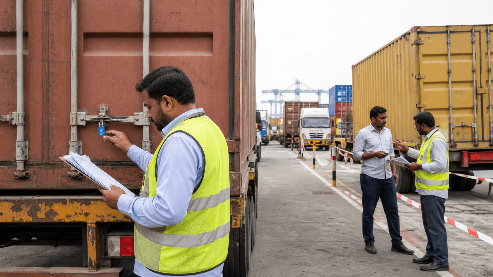 Freight supervisor checking a container seal and release discrepancy in a port holding lane