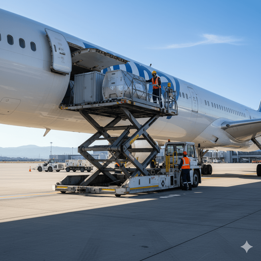 LD‑series air freight containers being loaded into the lower deck of a Boeing aircraft.