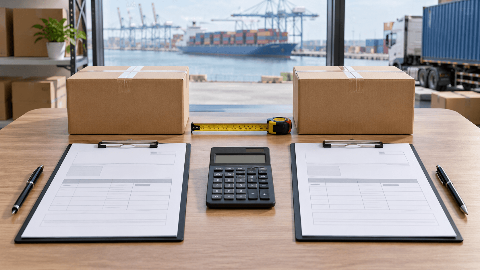Two blank freight quotation sheets side by side with a calculator and matching shipment details