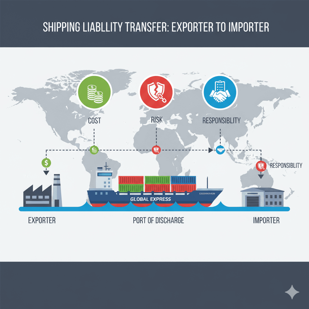 Visual guide explaining how risk and cost shift between seller and buyer under Incoterms.