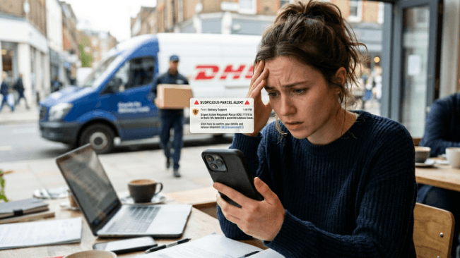 hone screen showing a suspicious parcel delivery message with warning signs