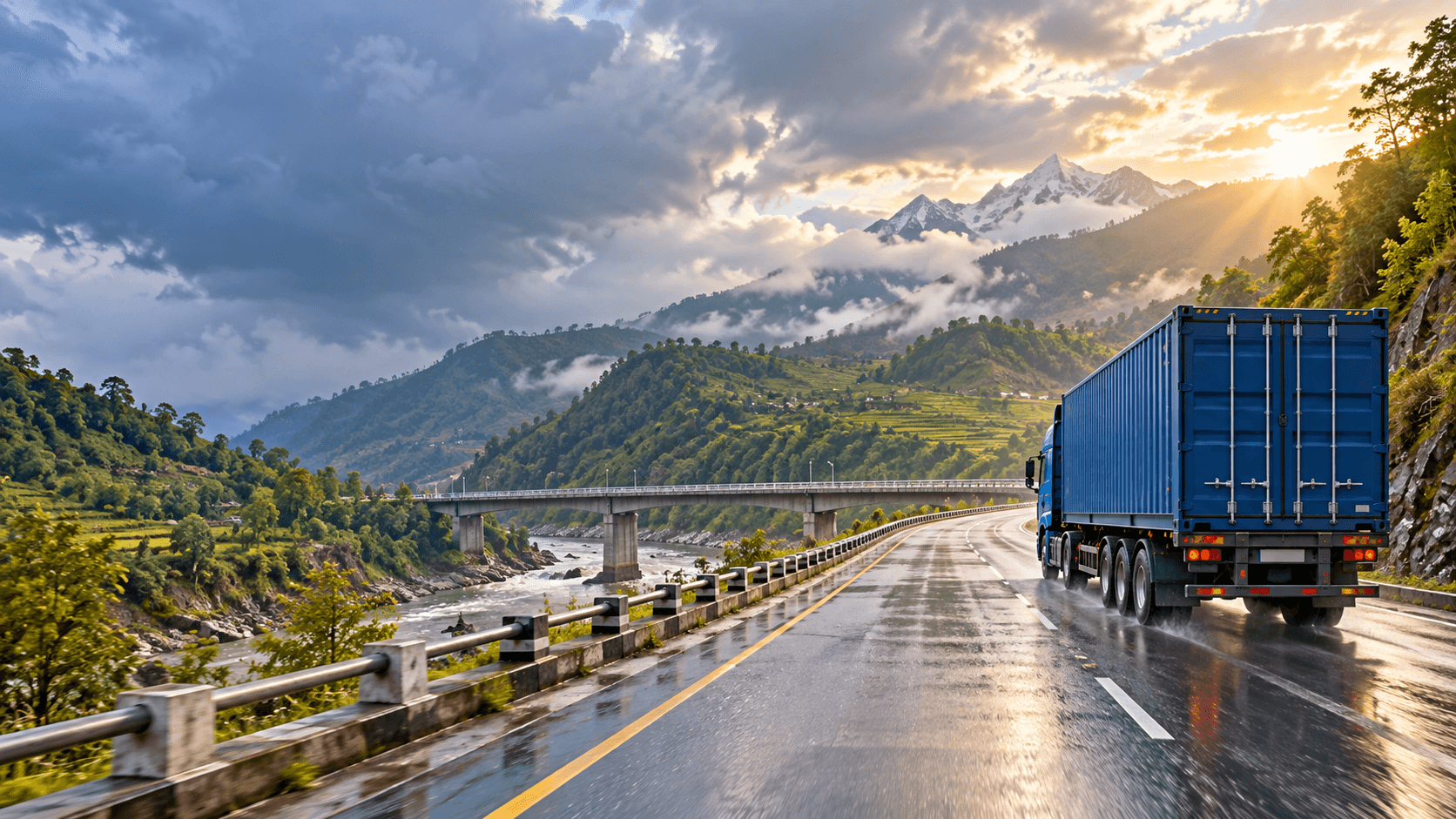 Container truck moving safely on a reopened Nepal highway after monsoon disruption