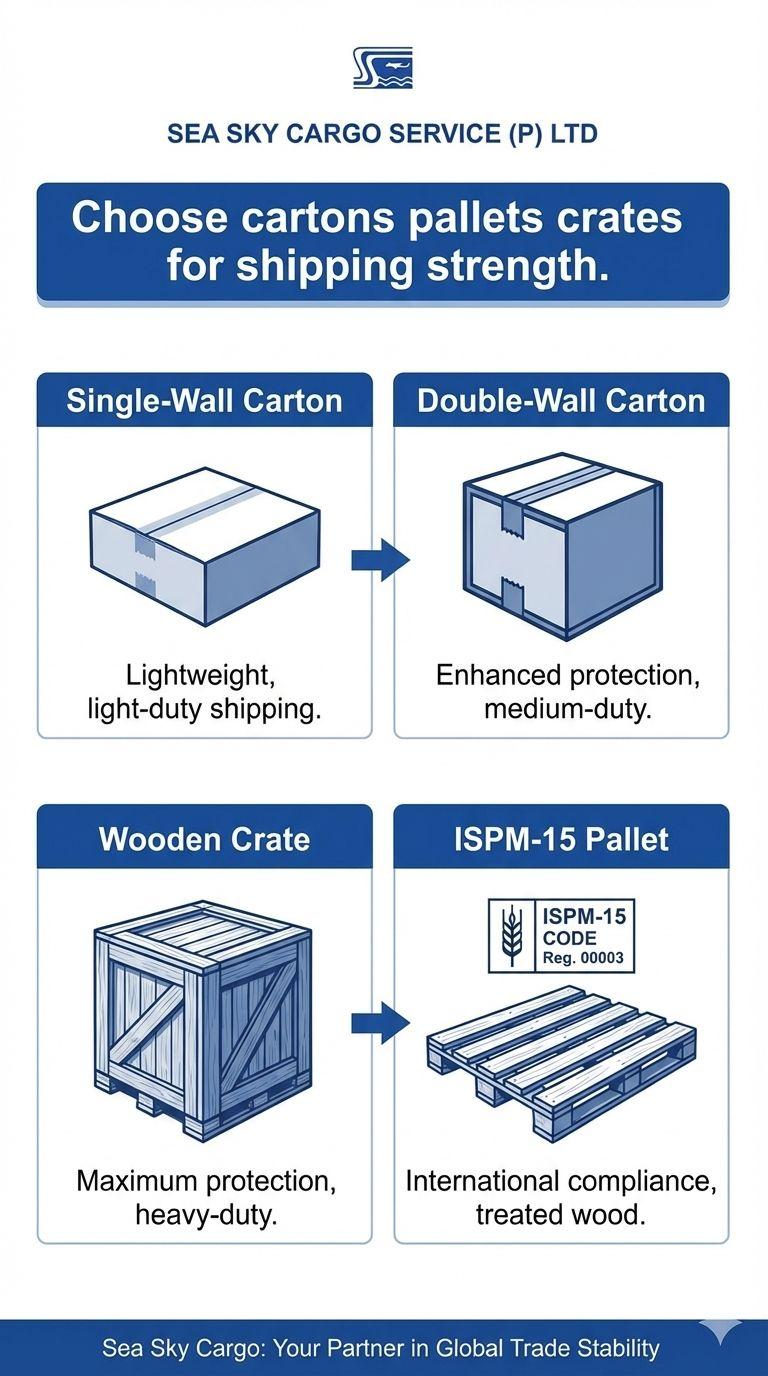 Choose cartons pallets crates for shipping strength.