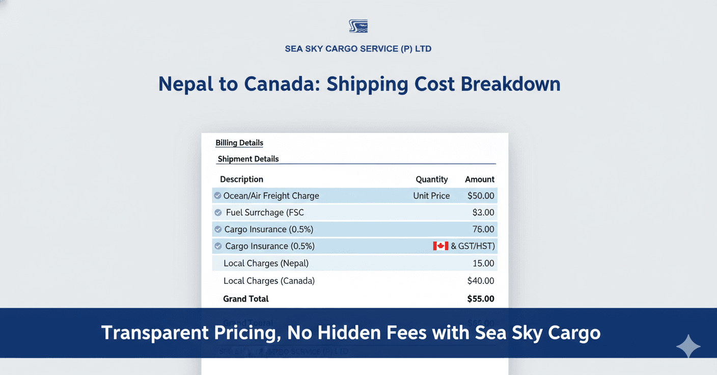 Breakdown of shipping cost components for a Nepal to Canada shipment.