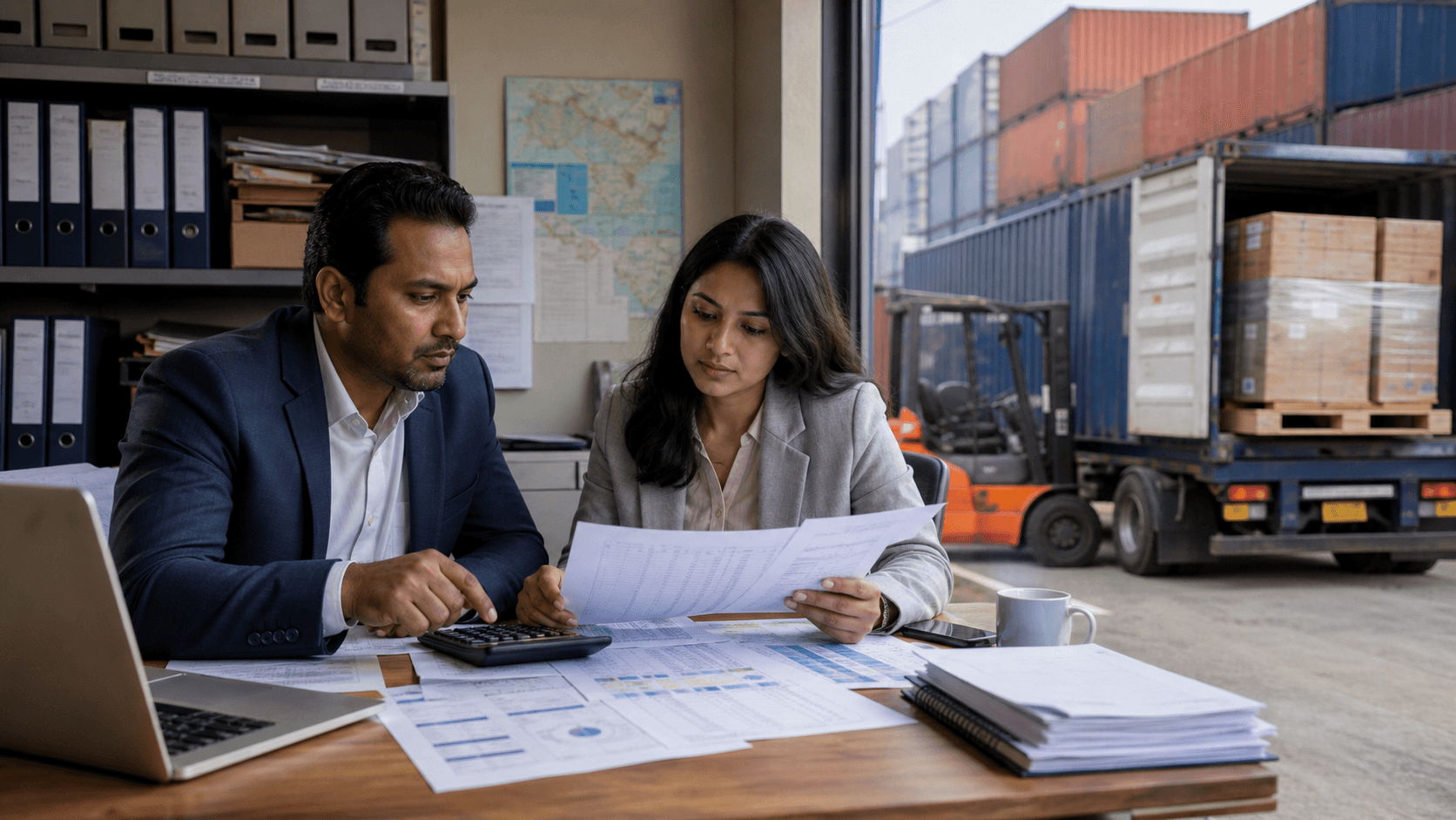 Business team calculating freight customs tax handling and delivery costs for imported cargo