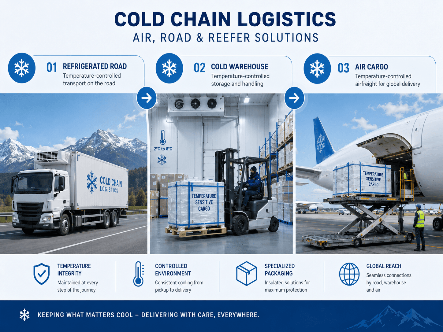 Air, road, and reefer options in cold chain logistics.