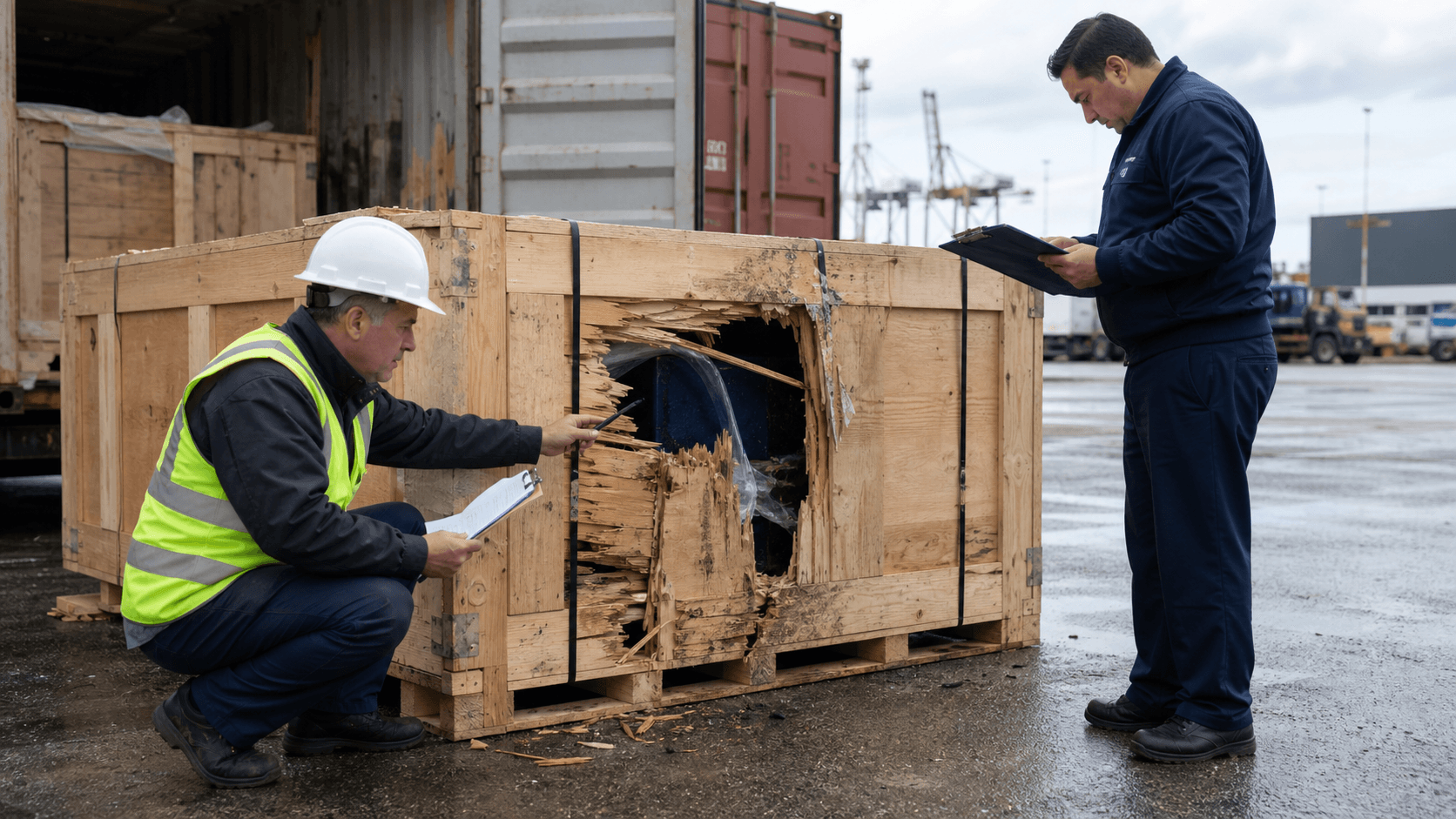 Cargo surveyor examining a damaged export crate while a carrier representative records the loss