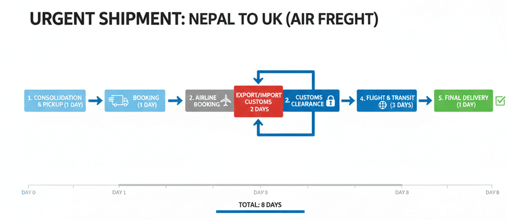 Step-by-step timeline of a cargo service company handling an urgent shipment from Nepal to UK.