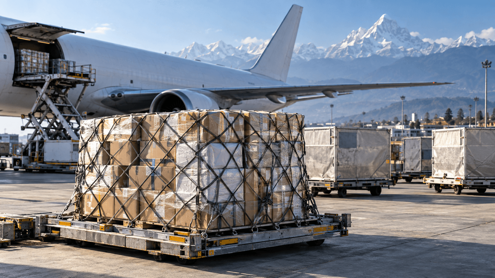 Small consignments combined on one air cargo pallet for shipment to Nepal