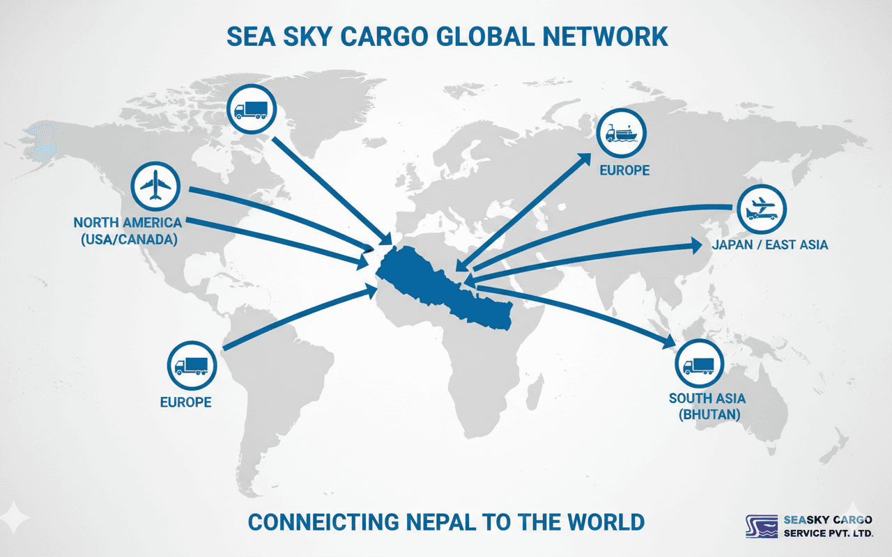 Sea Sky Cargo global network connecting Nepal to worldwide destinations.