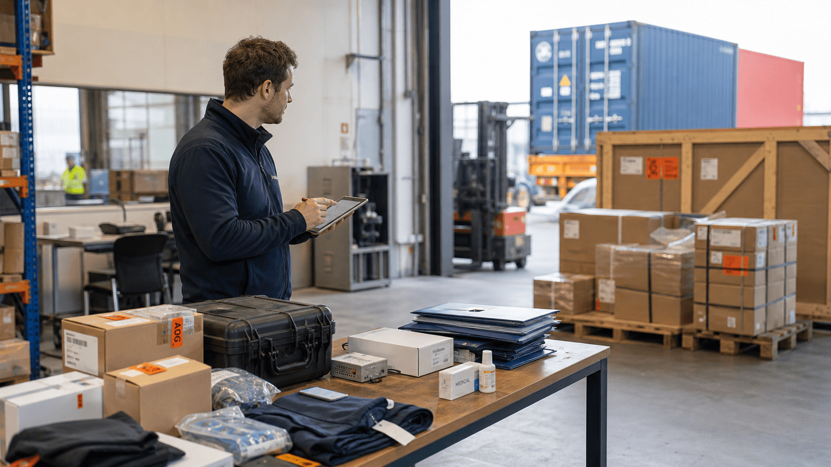 Freight planner comparing small urgent cargo with large palletized cargo for air and sea freight