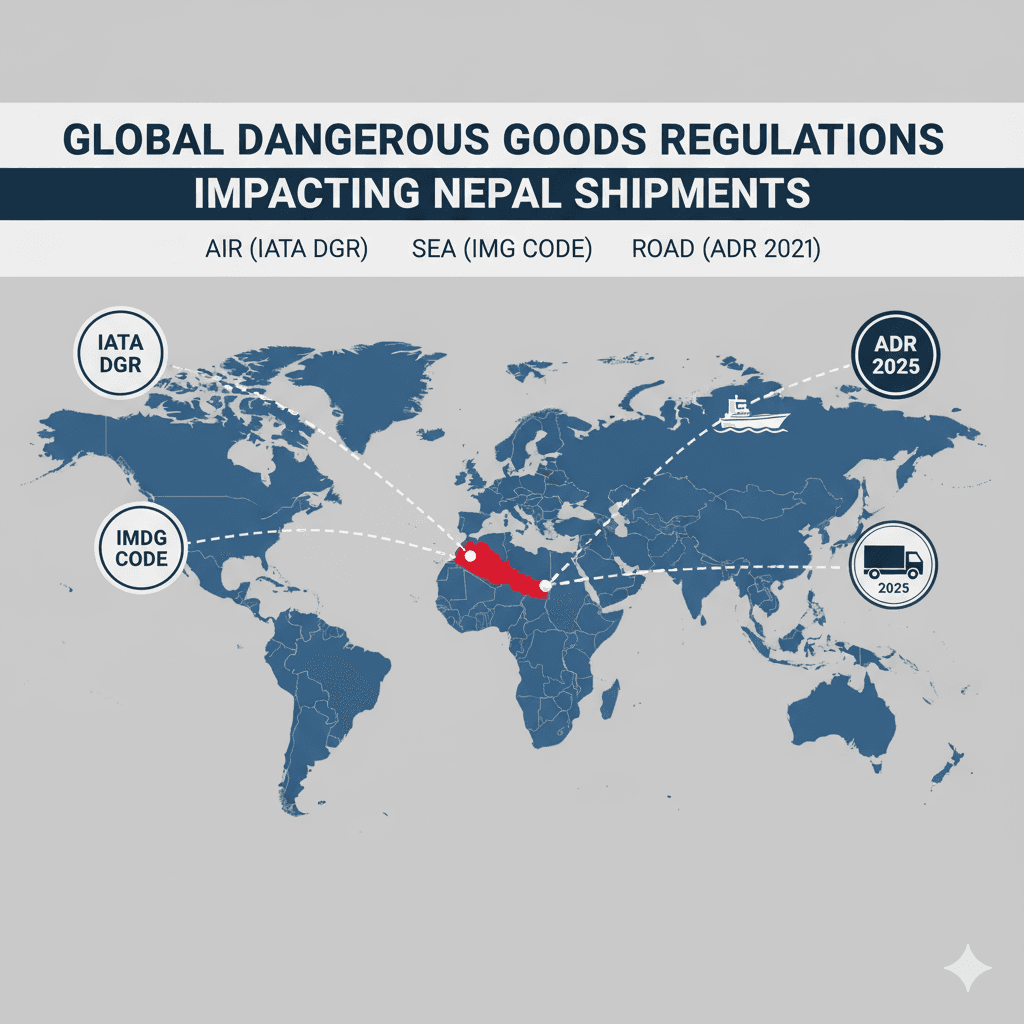 Global dangerous goods regulations (IATA DGR, ADR 2025, IMDG) impacting Nepal shipments.