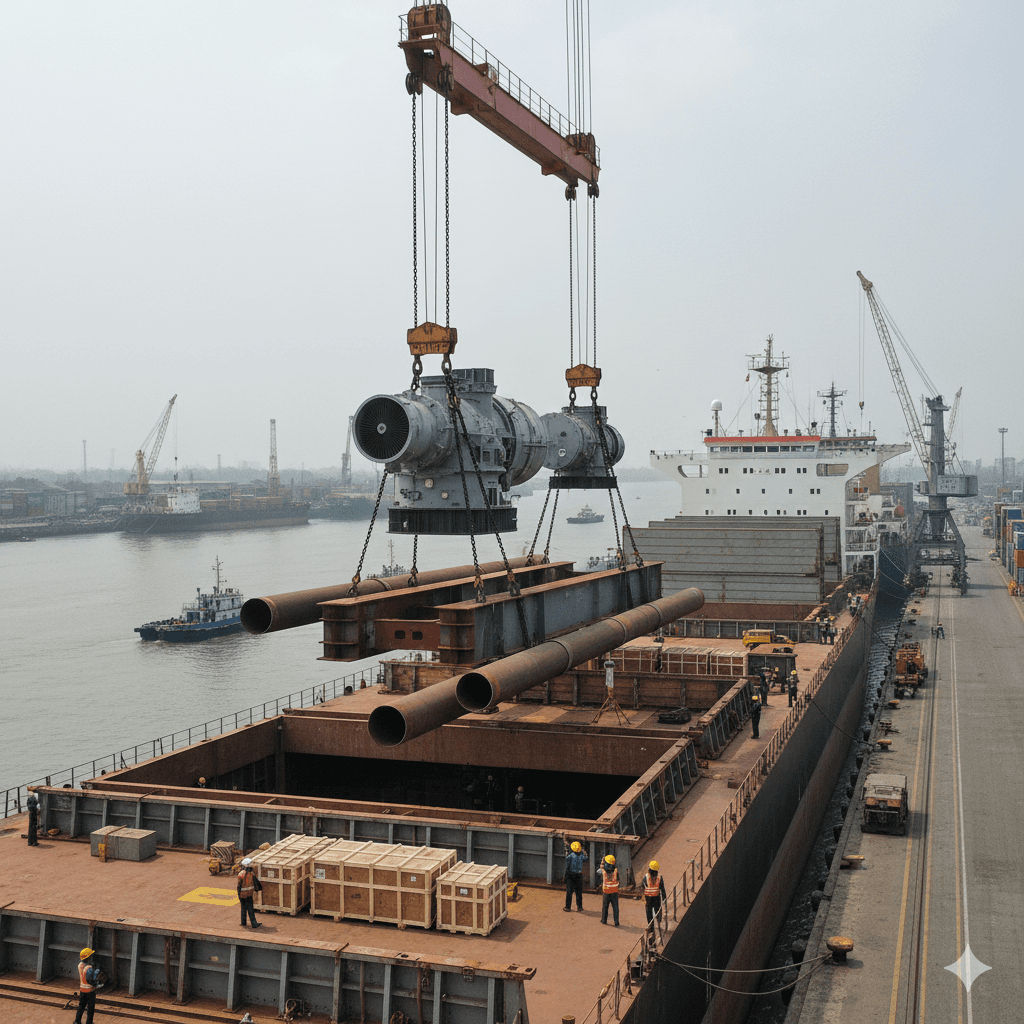 Breakbulk cargo—large machinery and materials—loaded at Kolkata Port for export.