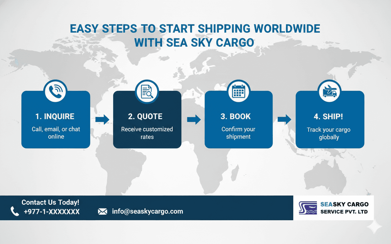 Easy steps to start shipping worldwide with Sea Sky Cargo.