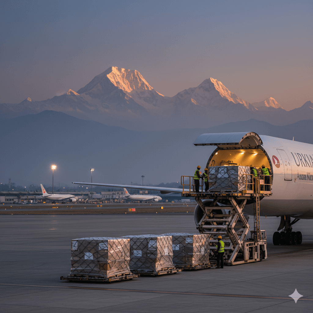 Air freight loading operation at Kathmandu airport for international shipments.