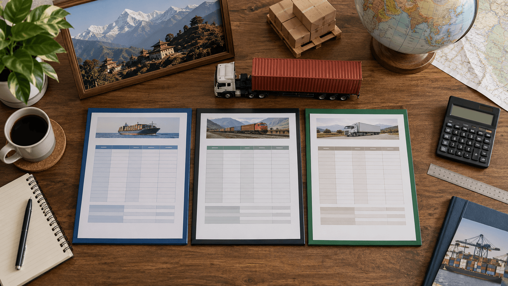 Three freight quotation folders and calculator arranged for a business cost comparison